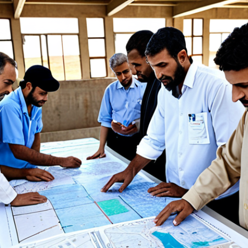 Home 4 **
A diverse group of people (scientists, engineers, community members) collaborating around a table covered with maps and data charts related to water quality. In the background, a modern water treatment facility is visible. The scene conveys a sense of teamwork and shared responsibility for protecting water resources. Focus on depicting an Arabic cultural setting, reflecting clothing styles and potentially architectural elements.
**
