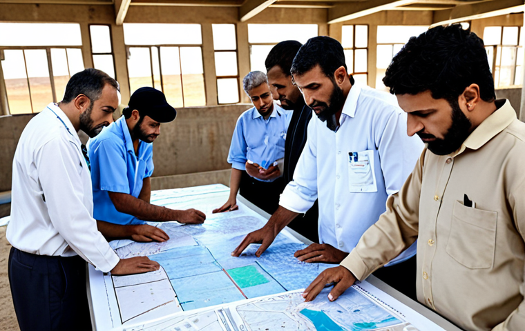 **

A diverse group of people (scientists, engineers, community members) collaborating around a table covered with maps and data charts related to water quality. In the background, a modern water treatment facility is visible. The scene conveys a sense of teamwork and shared responsibility for protecting water resources. Focus on depicting an Arabic cultural setting, reflecting clothing styles and potentially architectural elements.

**