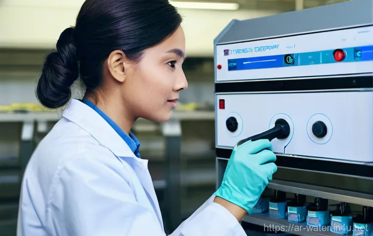 수질환경 측정장비 유지보수 - **Prompt:** "A focused male or female water quality technician, dressed in a clean, professional lab...