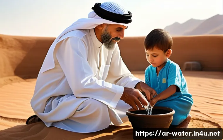 수질환경 분야 전문 서적 추천 - **Prompt:** A serene and hopeful image depicting a small, close-knit family in an arid, sun-drenched...