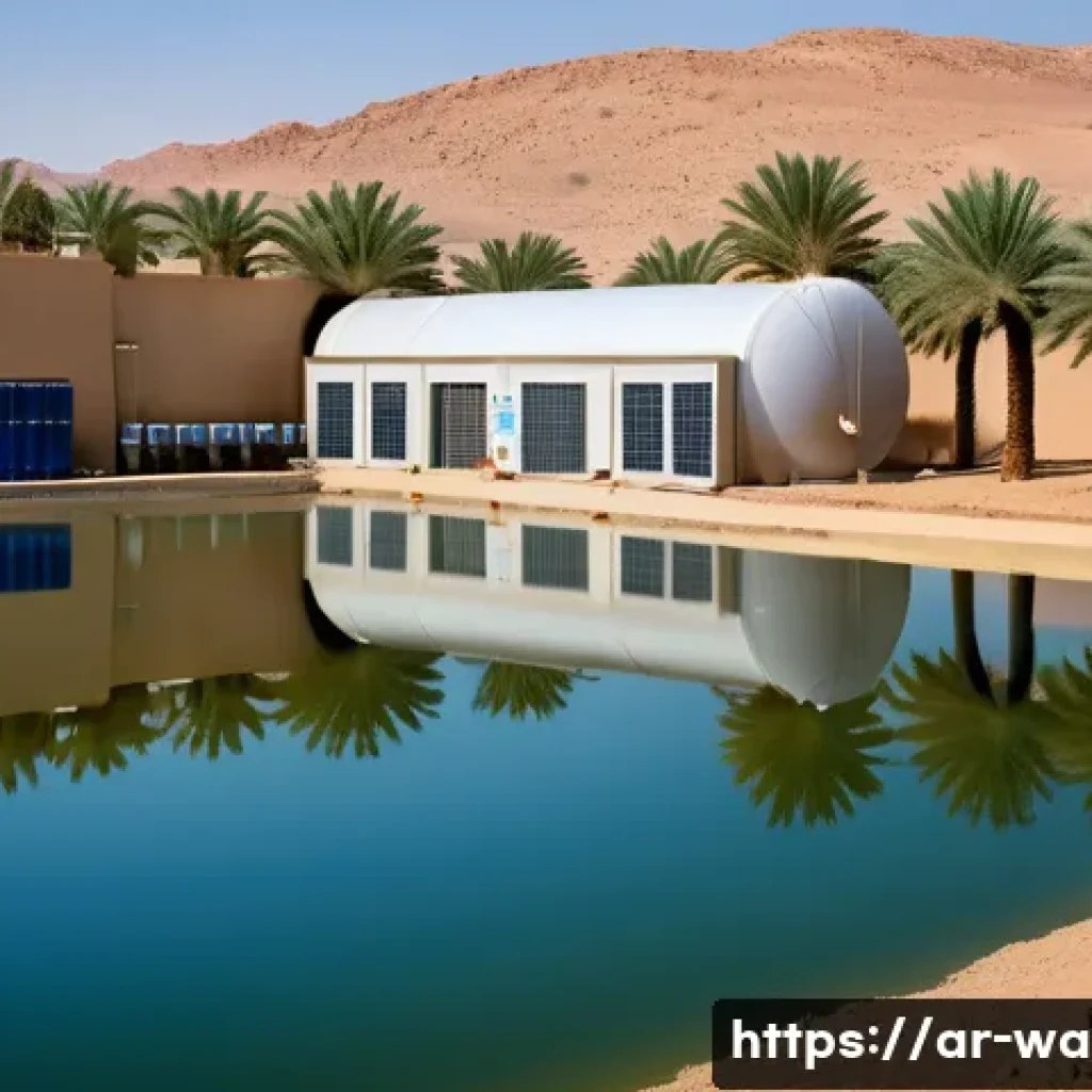 수질환경 관련법 이해와 적용 사례 - A detailed scene of a modern water treatment facility in a Middle Eastern rural setting, featuring a...