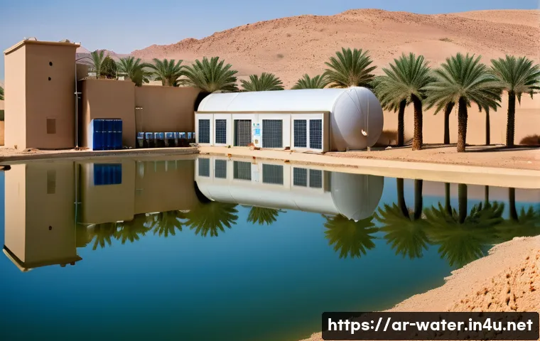 수질환경 관련법 이해와 적용 사례 - A detailed scene of a modern water treatment facility in a Middle Eastern rural setting, featuring a...