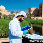 수질환경 산업기사 필기 시험 - A detailed laboratory scene showing a skilled Arab environmental water technician wearing profession...