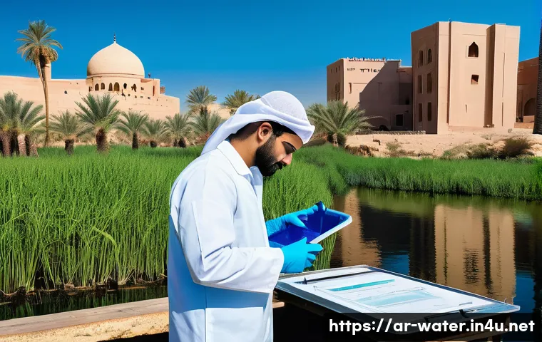 수질환경 산업기사 필기 시험 - A detailed laboratory scene showing a skilled Arab environmental water technician wearing profession...