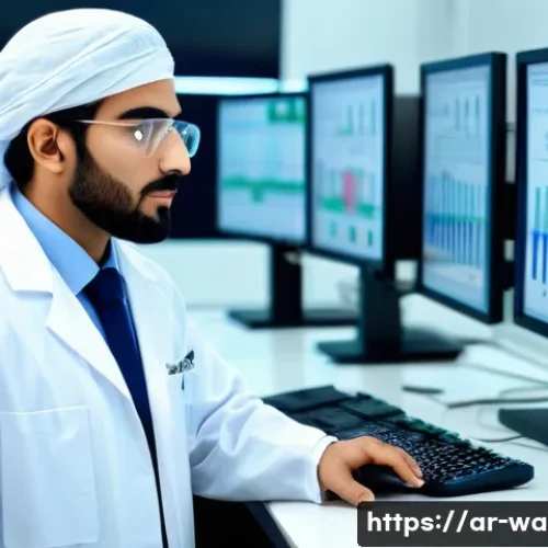 수질환경 기사와 기술사 차이점 - A detailed scene showing an Arab environmental engineer in a modern water quality laboratory, wearin...