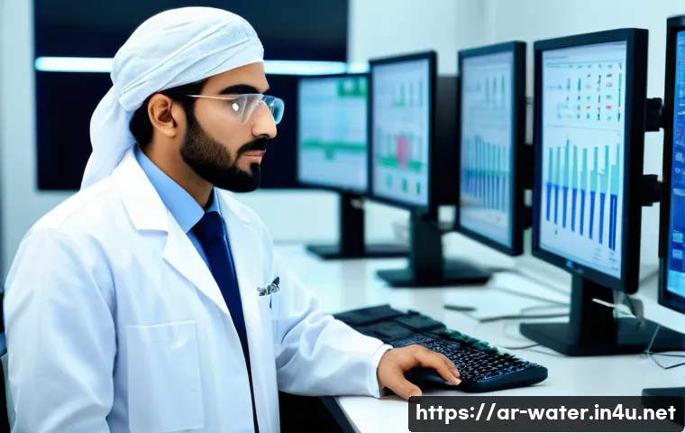 수질환경 기사와 기술사 차이점 - A detailed scene showing an Arab environmental engineer in a modern water quality laboratory, wearin...