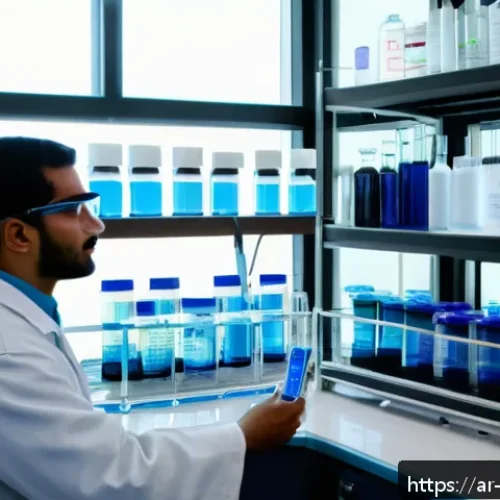 수질환경기사 실기 준비 도구 - A detailed laboratory scene in a modern water quality testing facility, showing an Arab male technic...