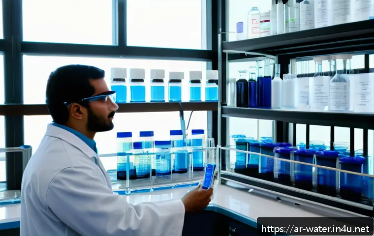 수질환경기사 실기 준비 도구 - A detailed laboratory scene in a modern water quality testing facility, showing an Arab male technic...