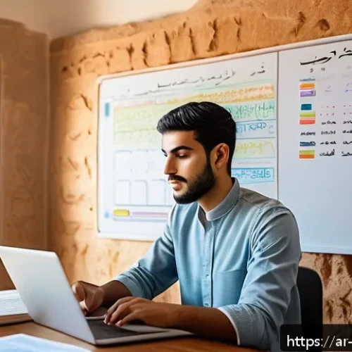 수질환경기사 시험 준비 전략 - A focused young Arab man studying in a quiet, well-lit room with a modern wooden desk, Arabic study ...
