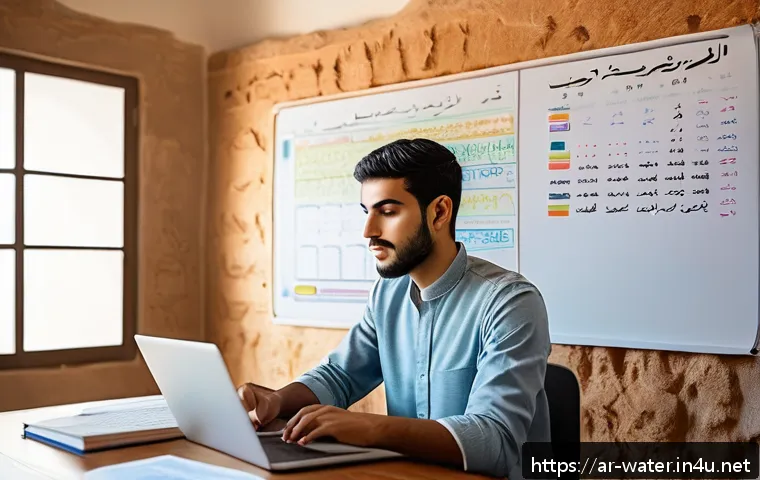 수질환경기사 시험 준비 전략 - A focused young Arab man studying in a quiet, well-lit room with a modern wooden desk, Arabic study ...