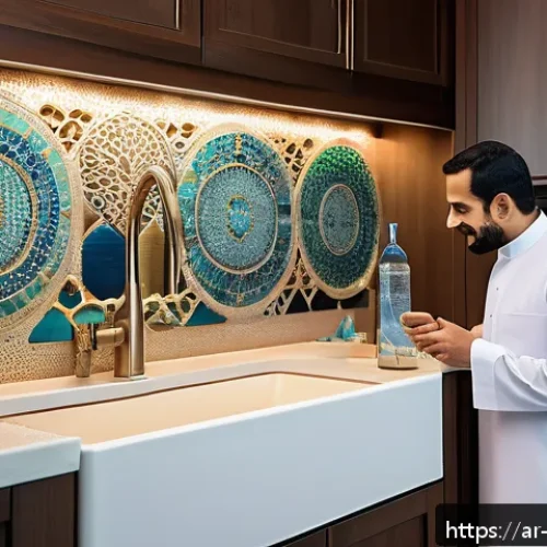 수질환경 공학의 미래 전망 - A modern smart water purification system installed in a traditional Middle Eastern home kitchen, fea...