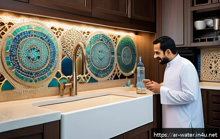 수질환경 공학의 미래 전망 - A modern smart water purification system installed in a traditional Middle Eastern home kitchen, fea...