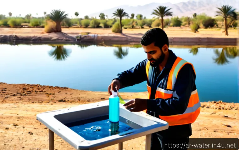 수질환경 전문가로서의 직업 윤리 - Photorealistic Middle Eastern water quality specialist in modest professional field clothing and saf...