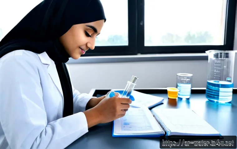 수질환경 기사 실기 복습 노하우 - Photorealistic Arab environmental engineering student reviewing practical water-quality testing meth...