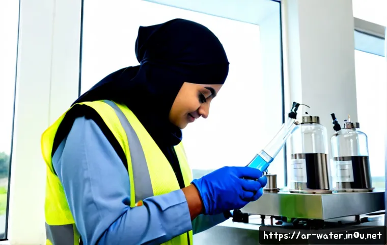 수질환경 기사 자격증과 직업 안정성 - Photorealistic Middle Eastern female water quality engineer wearing a modest hijab, safety vest, and...